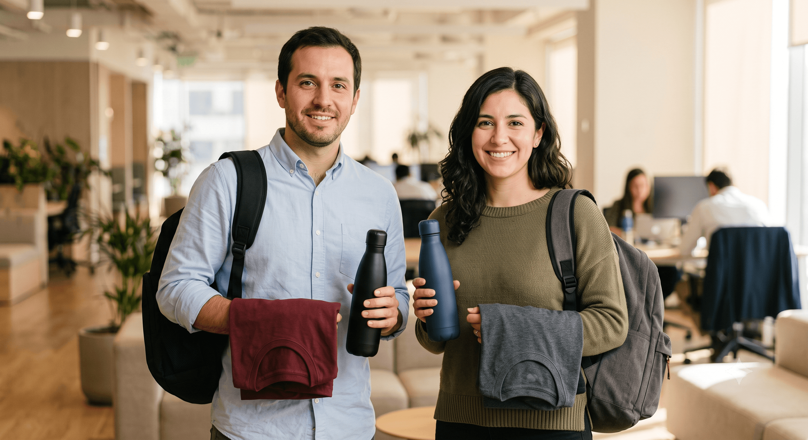 Dos personas sosteniendo productos de merchandising corporativo